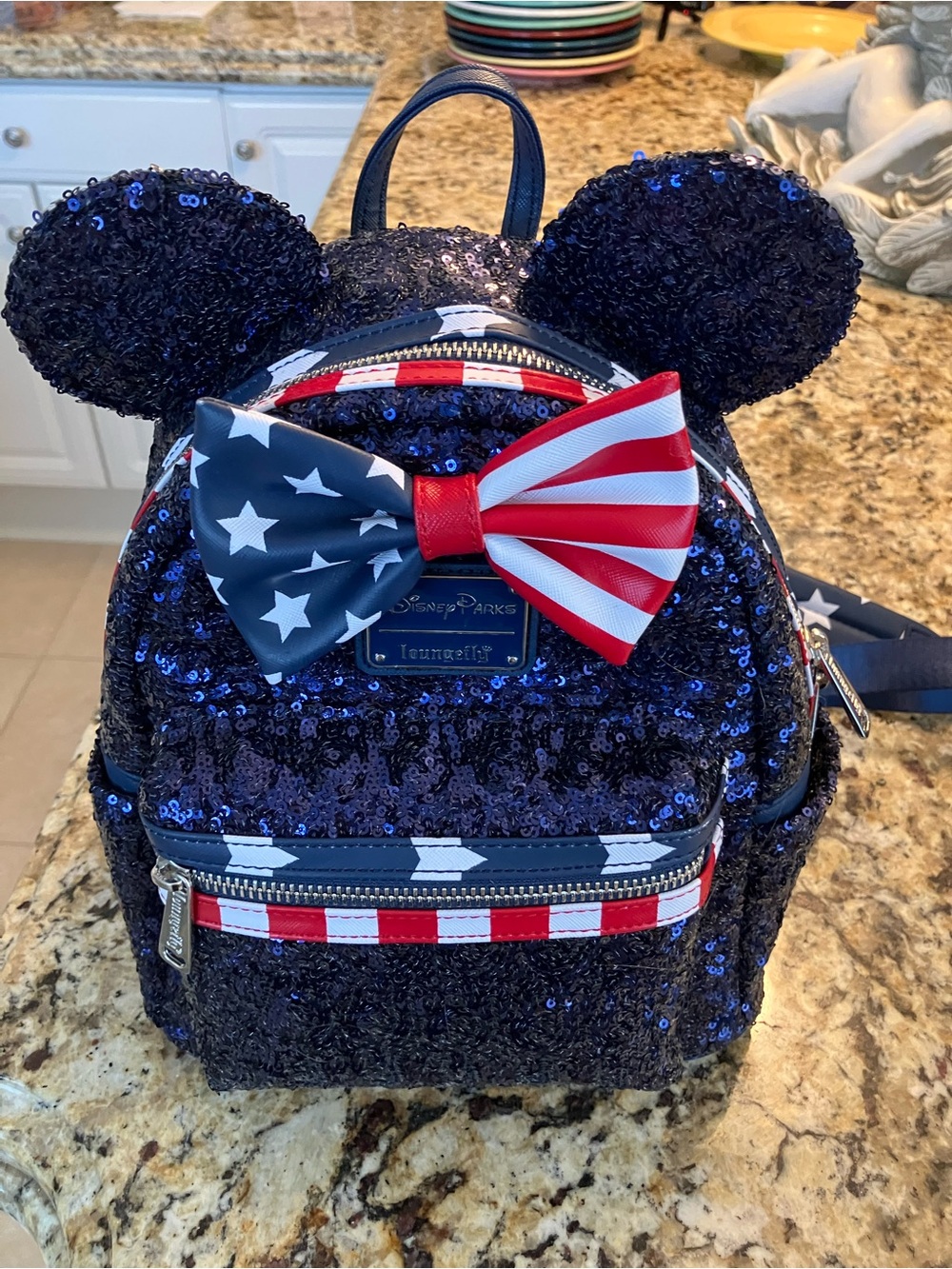 Loungefly Navy Sequin Mickey Ears Mini Backpack with Red, White & Blue Bow